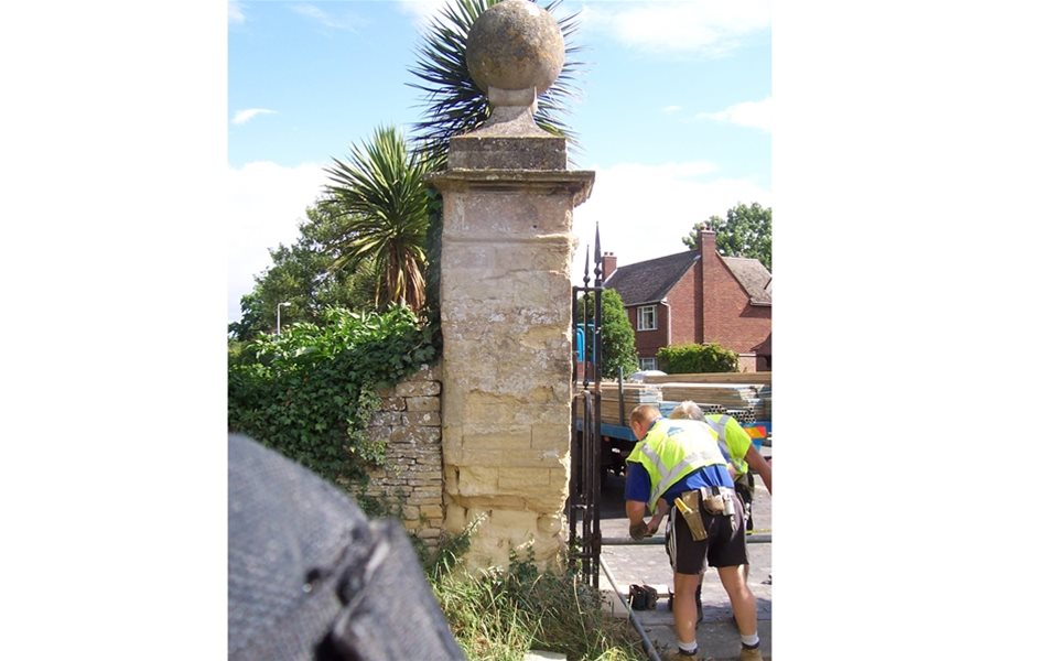 Olney Church gate piers - before and after Before